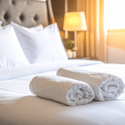 Sprzątanie hoteli w Lublinie – przygotowane łóżko i świeże ręczniki w pokoju hotelowym