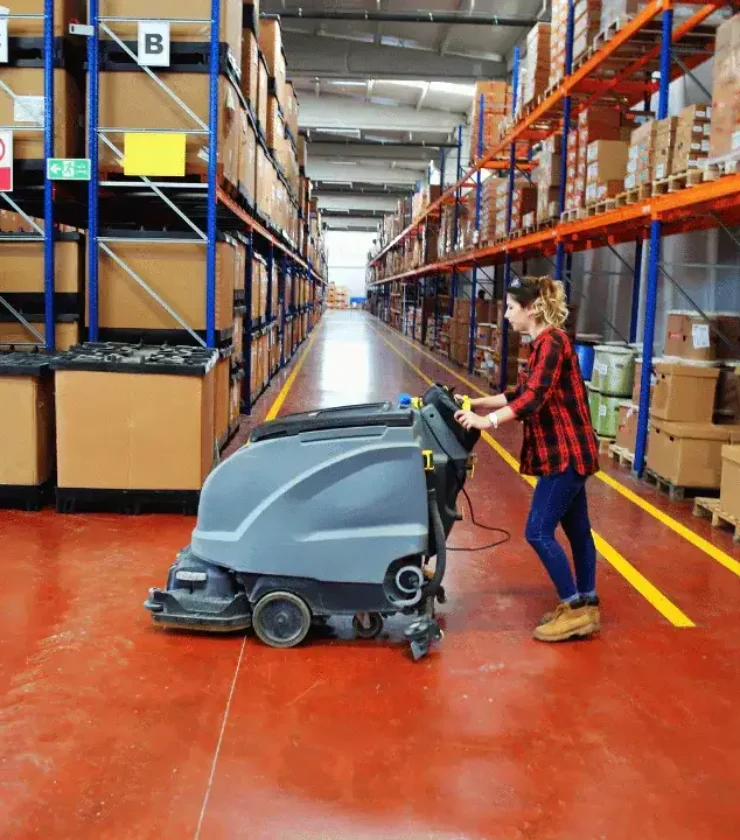 Pracownica myjąca posadzkę maszynowo w hali magazynowej w Lublinie