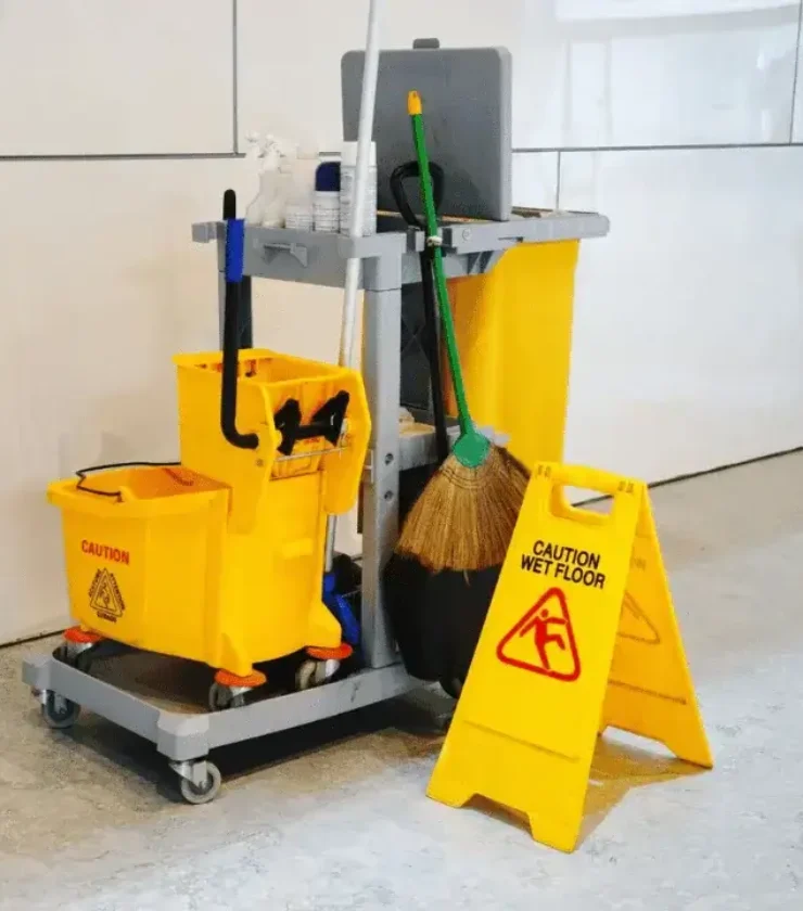 Wózek do sprzątania i znak ostrzegawczy w obiekcie medycznym w Lublinie