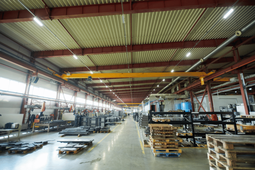 Duża hala produkcyjna z suwnicą, maszynami i paletami – przemysł