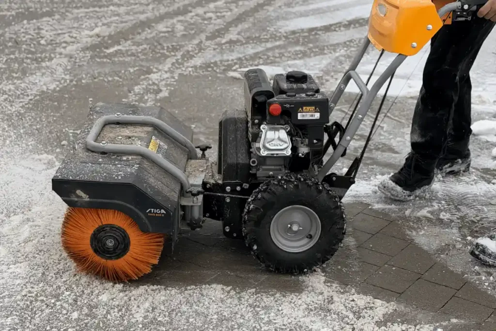 Likwidacja śliskości na chodniku osiedlowym w Lublinie za pomocą zamiatarki mechanicznej podczas zimowego utrzymania terenu